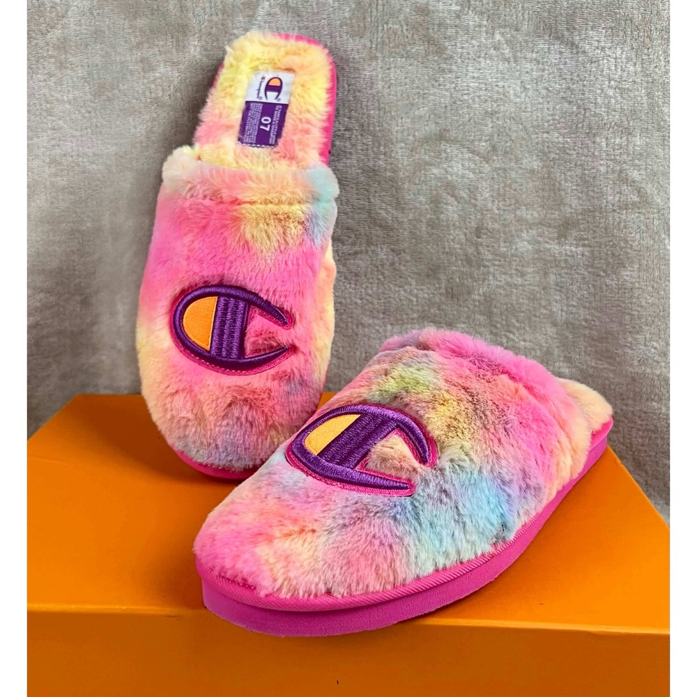 Champion Sleepover Ombre Fur Slippers Kids 7Y Pink Tie Dye Faux Fur CPS10490Y